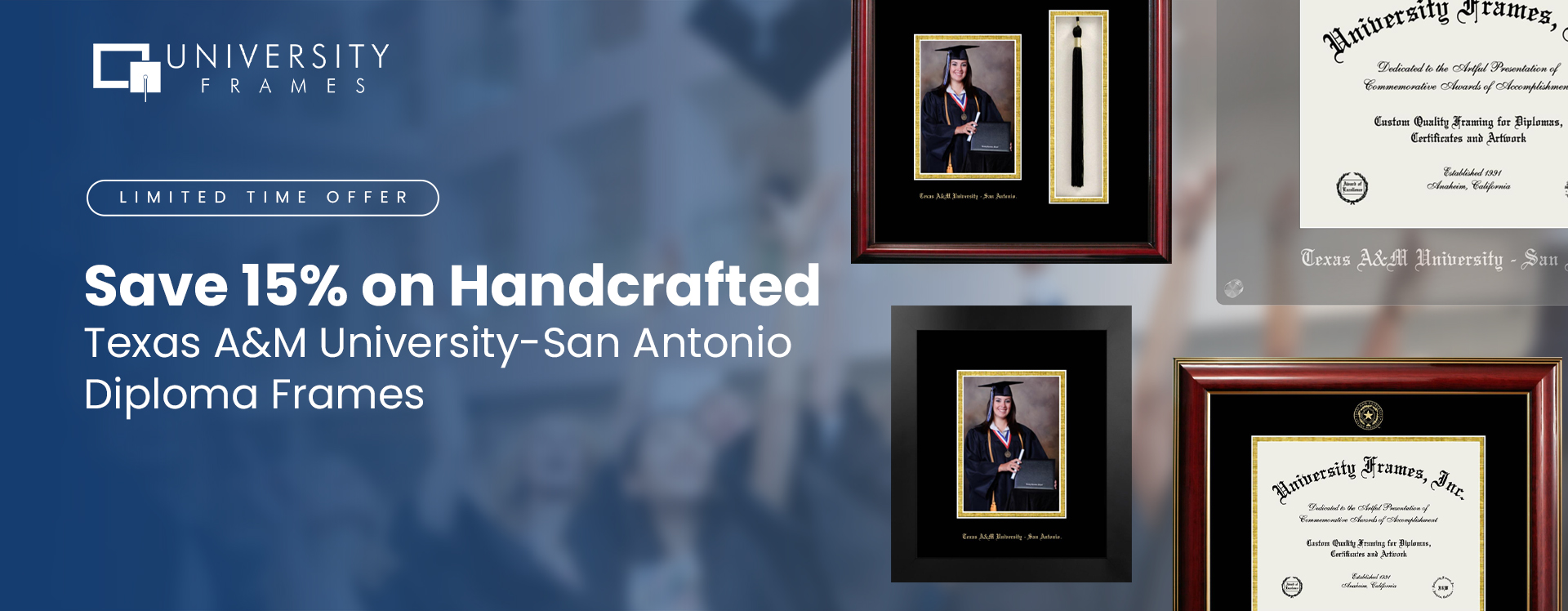 Limited Time Offer - Save 15% on Handcrafted Texas A&M University-San Antonio Diploma Frames
