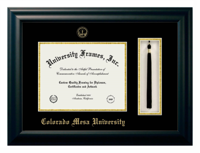 Colorado Mesa University Diploma with Tassel Box Frame in Satin Black with Black & Gold Mats for DOCUMENT: 8 1/2"H X 11"W  