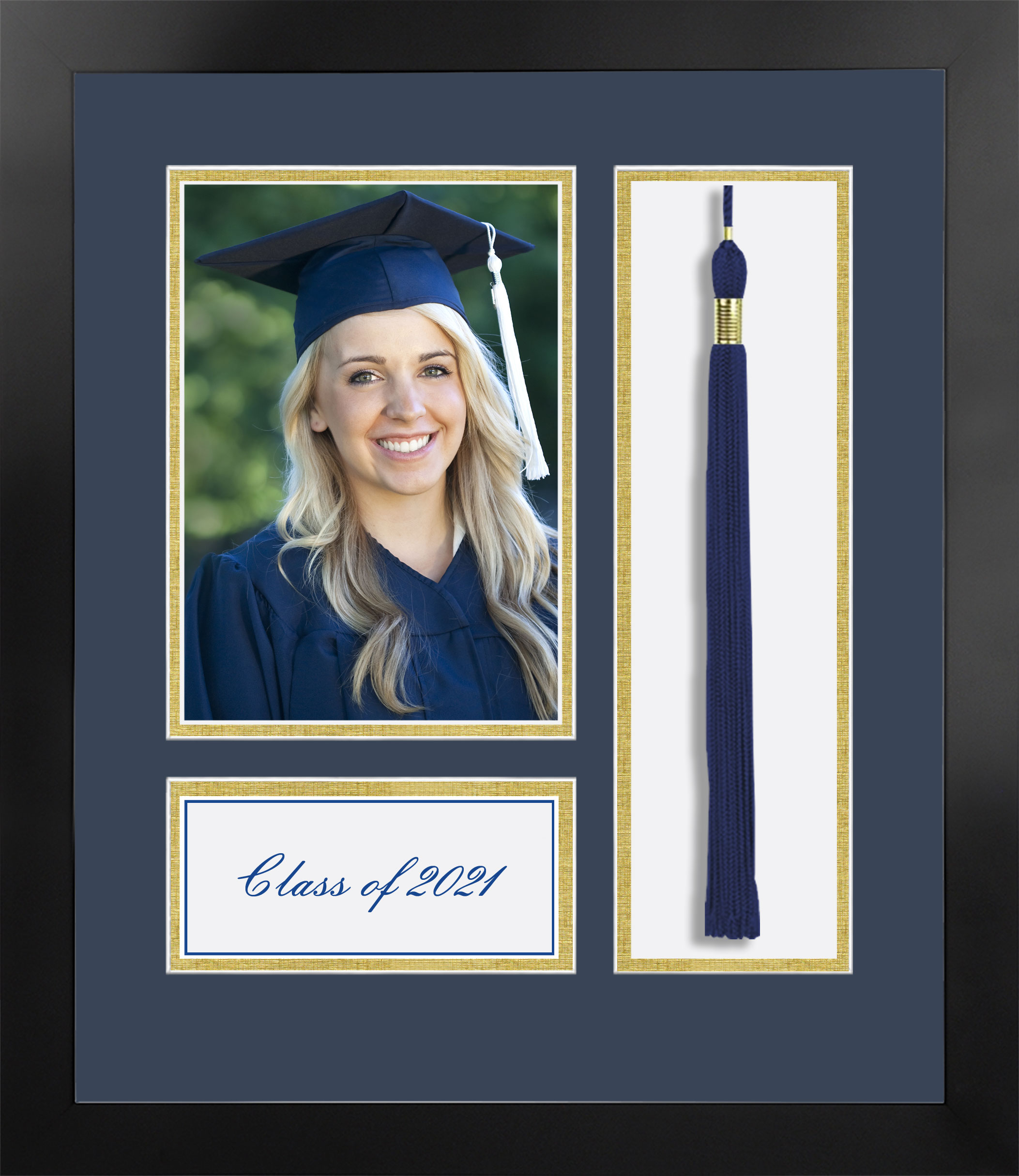 Class of 2021 Gold Academic Year Portrait with Tassel Box Nova Black with Navy & Gold Mat