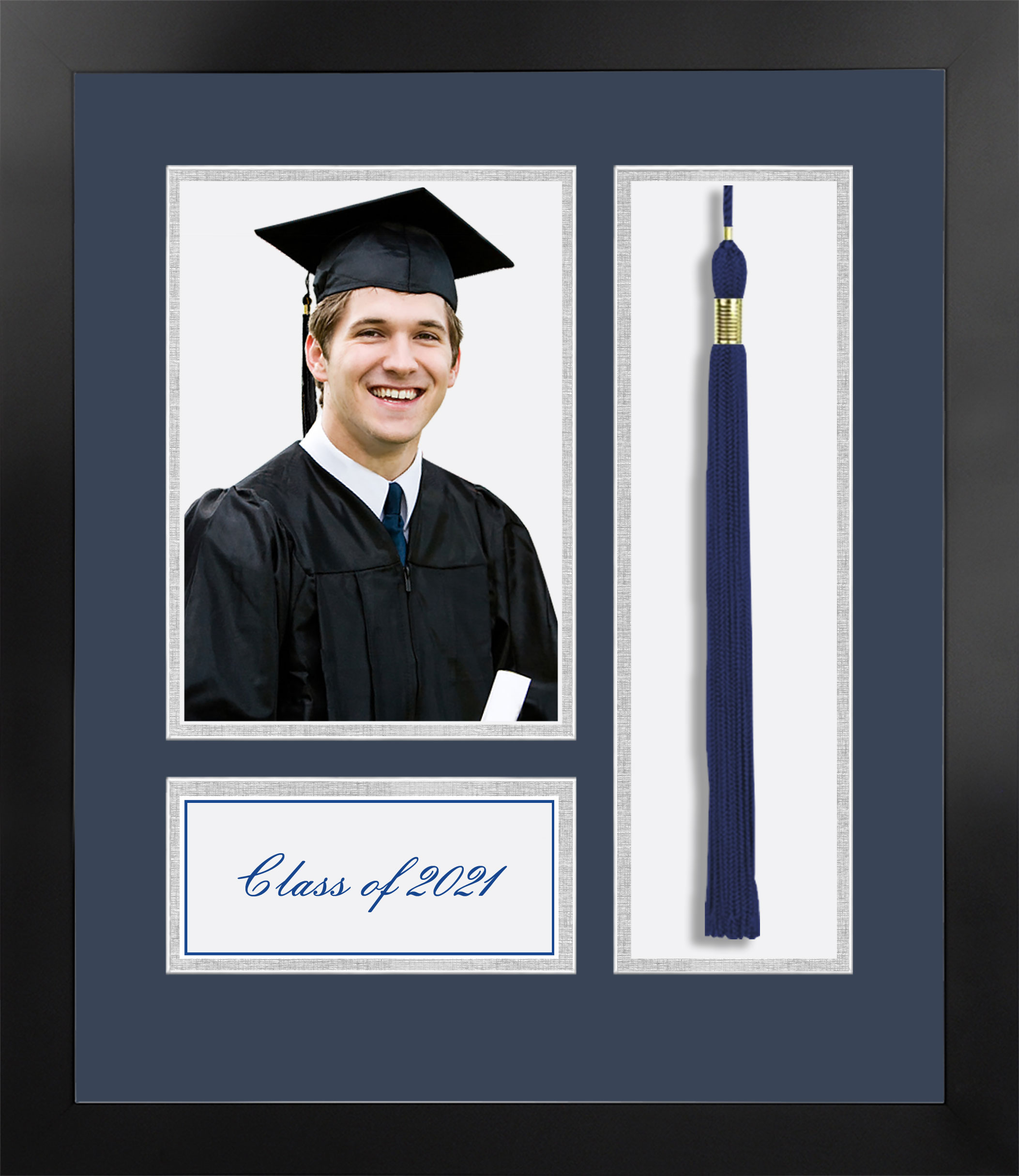 Class of 2021 Silver Academic Year Portrait with Tassel Box Nova Black with Navy & Silver