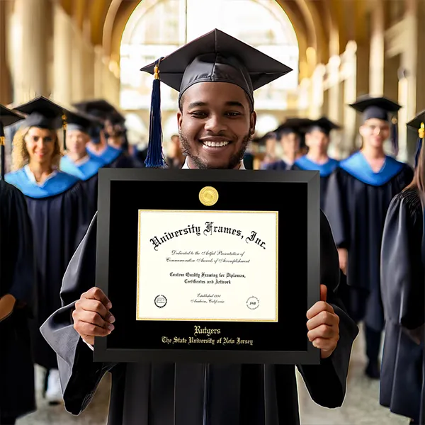 A graduate holding a diploma frame