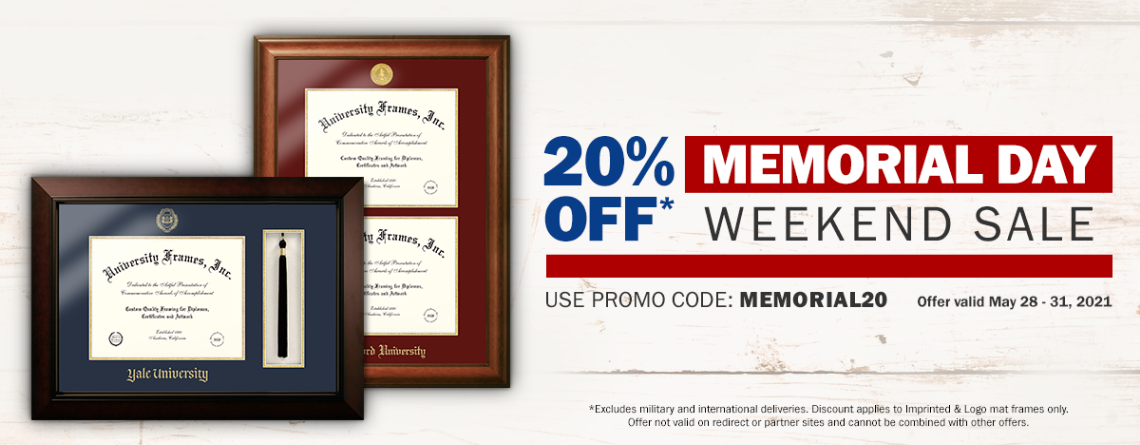 Buy Imprinted Diploma Frames for 20% Off at University Frame’s Memorial Day Weekend Sale!