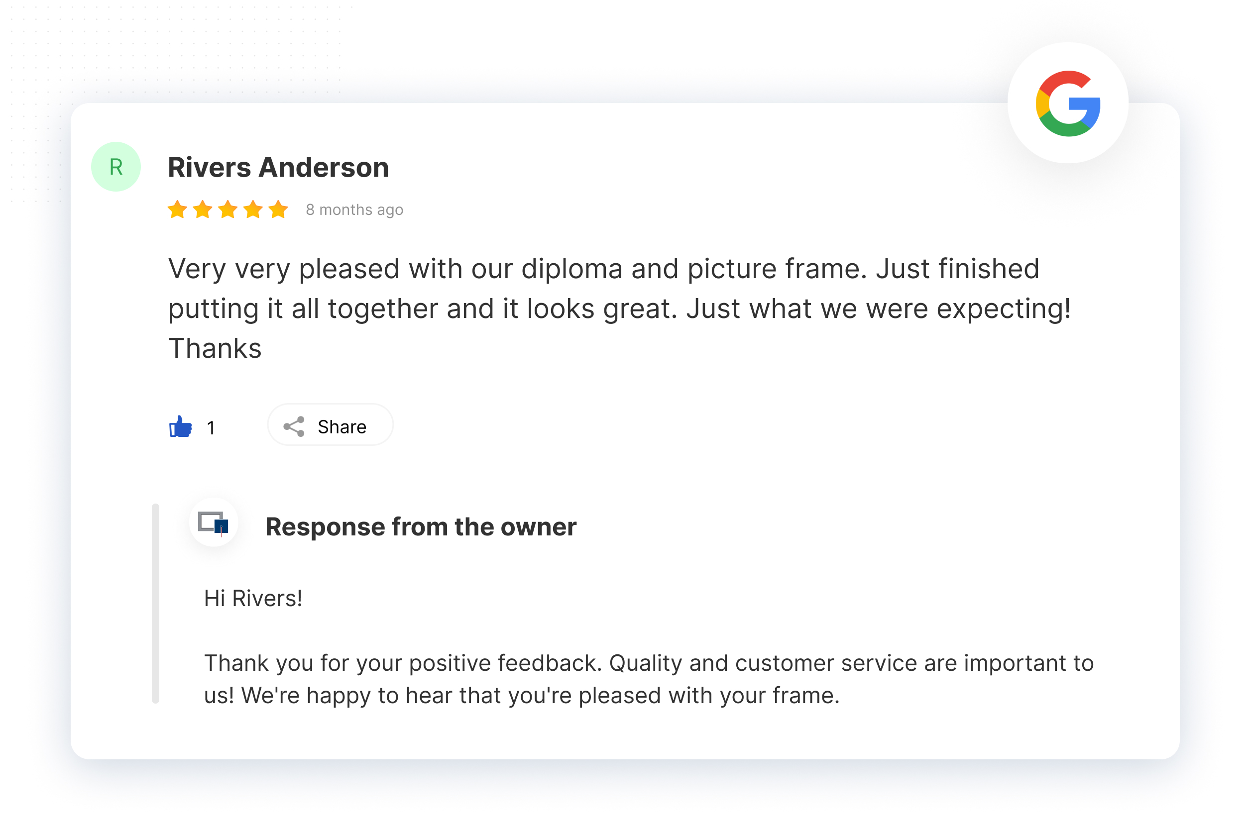 review-on-google-by-rivers-anderson-on-diploma-frame-purchase