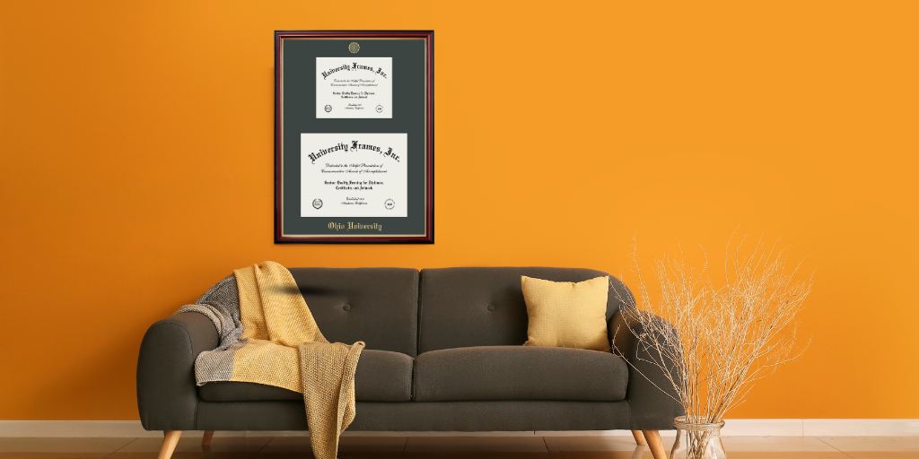double diploma frame behind sofa diploma frame display