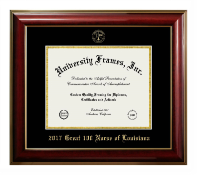2017 Great 100 Nurse of Louisiana Diploma Frame in Classic Mahogany with Gold Trim with Black & Gold Mats for document: 8 1/2"h x 11"w  