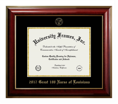 2017 Great 100 Nurse of Louisiana Diploma Frame in Classic Mahogany with Gold Trim with Black & Gold Mats for DOCUMENT: 8 1/2"H X 11"W  