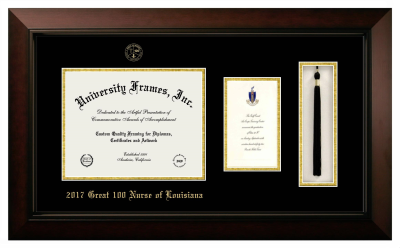 2017 Great 100 Nurse of Louisiana Diploma with Announcement & Tassel Box Frame in Legacy Black Cherry with Black & Gold Mats for DOCUMENT: 8 1/2"H X 11"W  ,  7"H X 4"W  