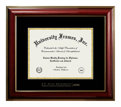 A.T. Still University Kirksville College of Osteopathic Medicine Diploma Frame in Classic Mahogany with Gold Trim with Black & Gold Mats for DOCUMENT: 8 1/2"H X 11"W  