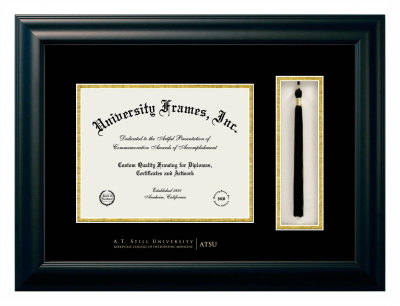 A.T. Still University Kirksville College of Osteopathic Medicine Diploma with Tassel Box Frame in Satin Black with Black & Gold Mats for DOCUMENT: 8 1/2"H X 11"W  