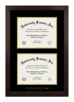 A.T. Still University Kirksville College of Osteopathic Medicine Double Degree (Stacked) Frame in Manhattan Espresso with Black & Gold Mats for DOCUMENT: 8 1/2"H X 11"W  , DOCUMENT: 8 1/2"H X 11"W  
