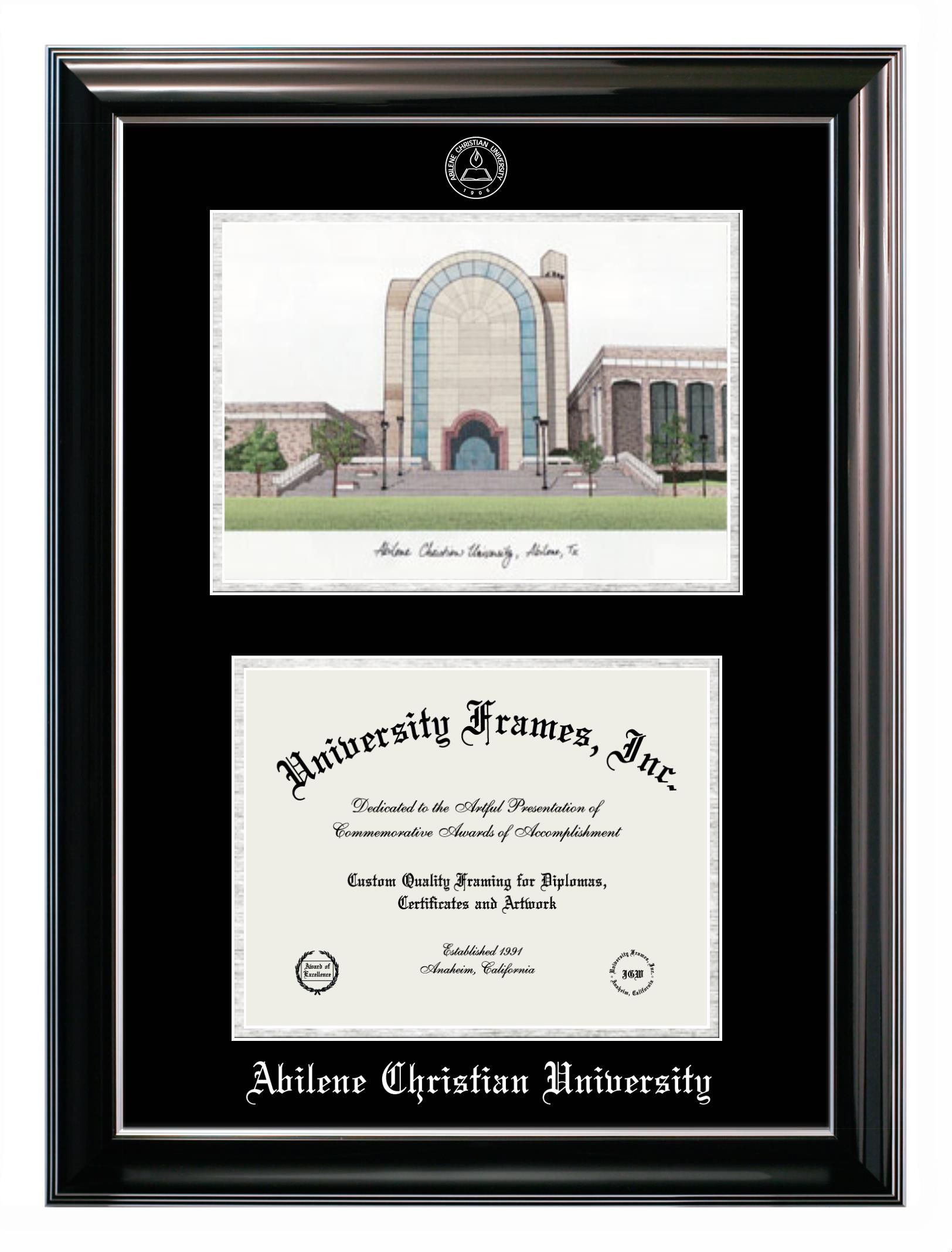 Abilene Christian University Abilene Christian University Double Opening with Campus Image (Stacked) Frame in Classic Ebony with Silver Trim with Black & Silver Mats for DOCUMENT: 8 1/2"H X 11"W  