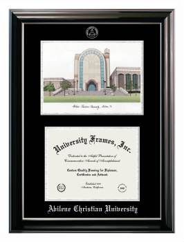 Abilene Christian University Double Opening with Campus Image (Stacked) Frame in Classic Ebony with Silver Trim with Black & Silver Mats for DOCUMENT: 8 1/2"H X 11"W  