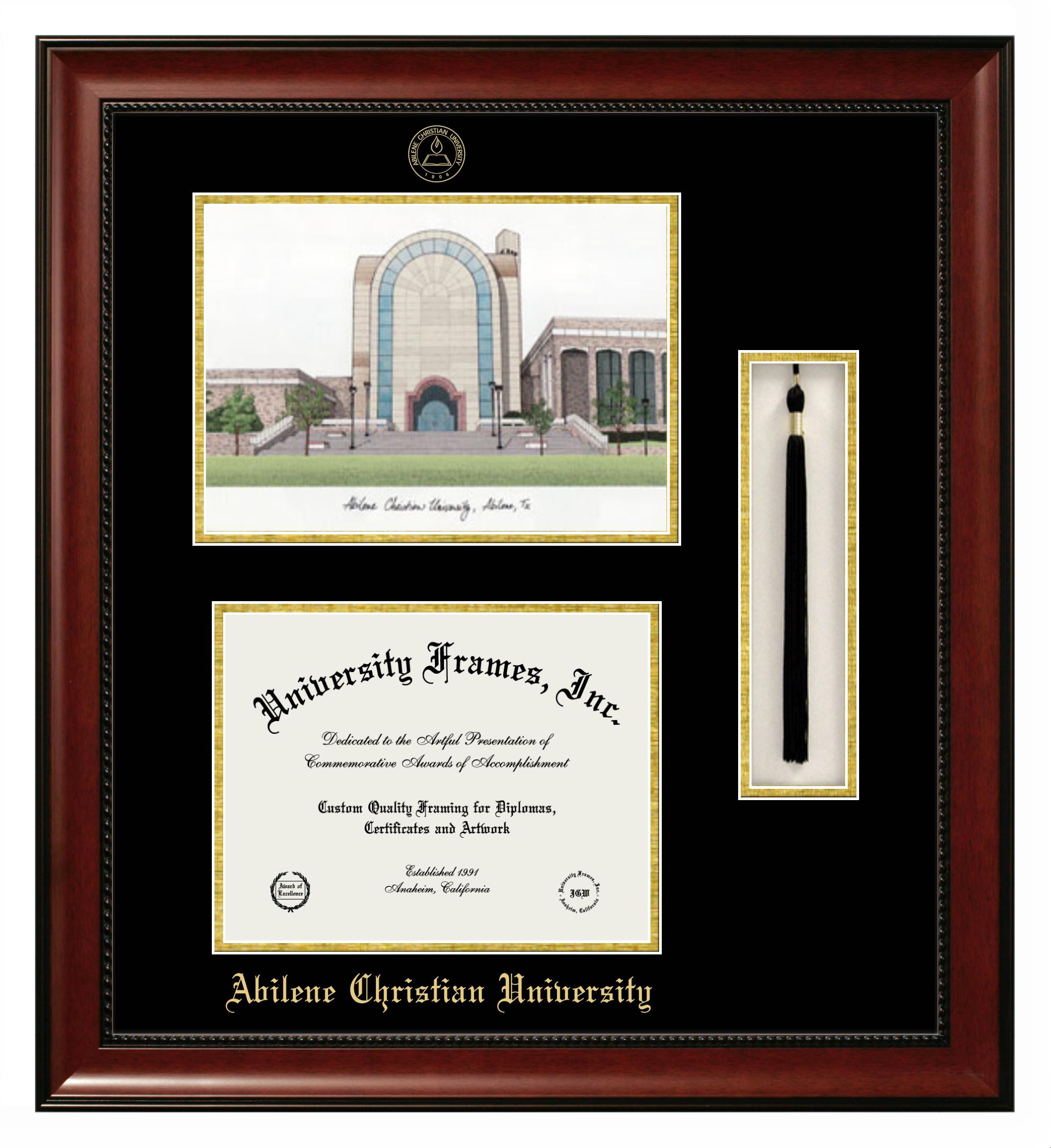 Abilene Christian University Abilene Christian University Double Opening with Campus Image & Tassel Box (Stacked) Frame in Avalon Mahogany with Black & Gold Mats for DOCUMENT: 8 1/2"H X 11"W  