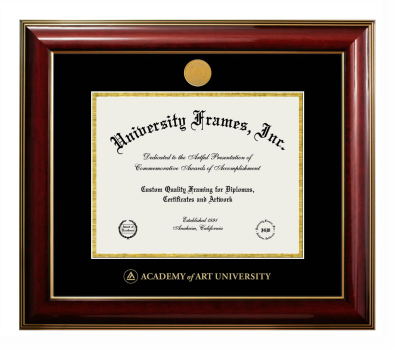 Academy of Art University Diploma Frame in Classic Mahogany with Gold Trim with Black & Gold Mats for DOCUMENT: 8 1/2"H X 11"W  