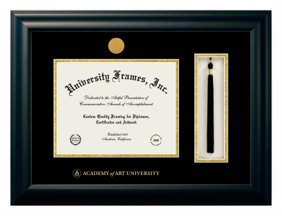 Academy of Art University Diploma with Tassel Box Frame in Satin Black with Black & Gold Mats for DOCUMENT: 8 1/2"H X 11"W  