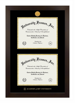 Academy of Art University Double Degree (Stacked) Frame in Manhattan Espresso with Black & Gold Mats for DOCUMENT: 8 1/2"H X 11"W  , DOCUMENT: 8 1/2"H X 11"W  