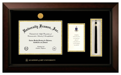 Academy of Art University Diploma with Announcement & Tassel Box Frame in Legacy Black Cherry with Black & Gold Mats for DOCUMENT: 8 1/2"H X 11"W  ,  7"H X 4"W  