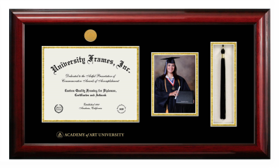 Academy of Art University Diploma with 5 x 7 Portrait & Tassel Box Frame in Classic Mahogany with Black & Gold Mats for DOCUMENT: 8 1/2"H X 11"W  