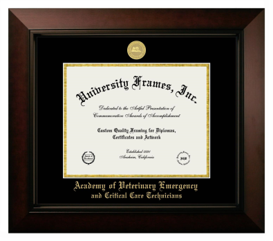 Academy of Veterinary Emergency and Critical Care Technicians Diploma Frame in Legacy Black Cherry with Black & Gold Mats for DOCUMENT: 8 1/2"H X 11"W  