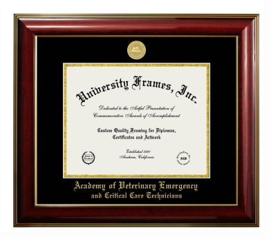 Academy of Veterinary Emergency and Critical Care Technicians Diploma Frame in Classic Mahogany with Gold Trim with Black & Gold Mats for DOCUMENT: 8 1/2"H X 11"W  