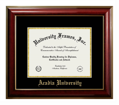 Acadia University Diploma Frame in Classic Mahogany with Gold Trim with Black & Gold Mats for DOCUMENT: 8 1/2"H X 11"W  