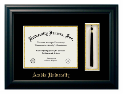 Acadia University Diploma with Tassel Box Frame in Satin Black with Black & Gold Mats for DOCUMENT: 8 1/2"H X 11"W  