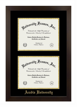 Acadia University Double Degree (Stacked) Frame in Manhattan Espresso with Black & Gold Mats for DOCUMENT: 8 1/2"H X 11"W  , DOCUMENT: 8 1/2"H X 11"W  