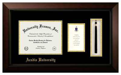 Acadia University Diploma with Announcement & Tassel Box Frame in Legacy Black Cherry with Black & Gold Mats for DOCUMENT: 8 1/2"H X 11"W  ,  7"H X 4"W  