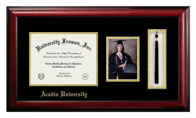 Acadia University Diploma with 5 x 7 Portrait & Tassel Box Frame in Classic Mahogany with Black & Gold Mats for DOCUMENT: 8 1/2"H X 11"W  