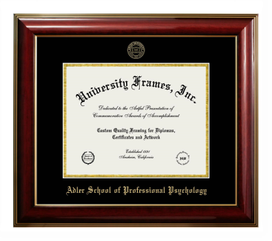 Adler School of Professional Psychology Diploma Frame in Classic Mahogany with Gold Trim with Black & Gold Mats for DOCUMENT: 8 1/2"H X 11"W  