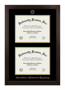 Adler School of Professional Psychology Double Degree (Stacked) Frame in Manhattan Espresso with Black & Gold Mats for DOCUMENT: 8 1/2"H X 11"W  , DOCUMENT: 8 1/2"H X 11"W  