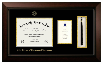 Adler School of Professional Psychology Diploma with Announcement & Tassel Box Frame in Legacy Black Cherry with Black & Gold Mats for DOCUMENT: 8 1/2"H X 11"W  ,  7"H X 4"W  