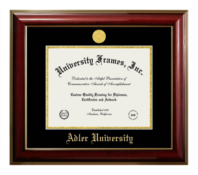 Adler University Diploma Frame in Classic Mahogany with Gold Trim with Black & Gold Mats for DOCUMENT: 8 1/2"H X 11"W  