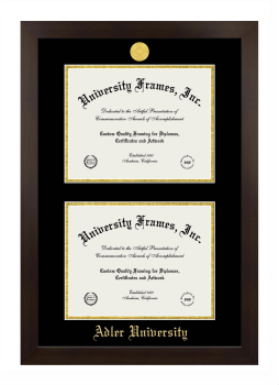 Adler University Double Degree (Stacked) Frame in Manhattan Espresso with Black & Gold Mats for document: 8 1/2"h x 11"w  , document: 8 1/2"h x 11"w  