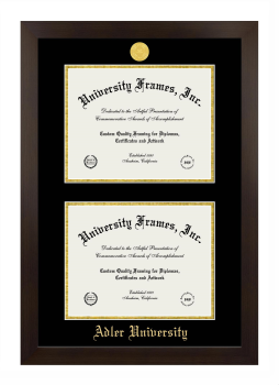 Adler University Double Degree (Stacked) Frame in Manhattan Espresso with Black & Gold Mats for DOCUMENT: 8 1/2"H X 11"W  , DOCUMENT: 8 1/2"H X 11"W  