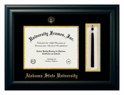 Alabama State University Diploma with Tassel Box Frame in Satin Black with Black & Gold Mats for DOCUMENT: 8 1/2"H X 11"W  