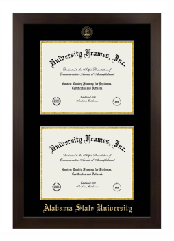 Alabama State University Double Degree (Stacked) Frame in Manhattan Espresso with Black & Gold Mats for DOCUMENT: 8 1/2"H X 11"W  , DOCUMENT: 8 1/2"H X 11"W  
