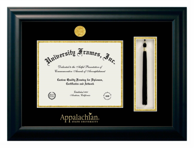 Appalachian State University Diploma with Tassel Box Frame in Satin Black with Black & Gold Mats for DOCUMENT: 8 1/2"H X 11"W  