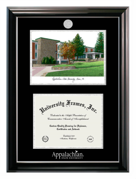 Appalachian State University Double Opening with Campus Image (Stacked) Frame in Classic Ebony with Silver Trim with Black & Silver Mats for DOCUMENT: 8 1/2"H X 11"W  