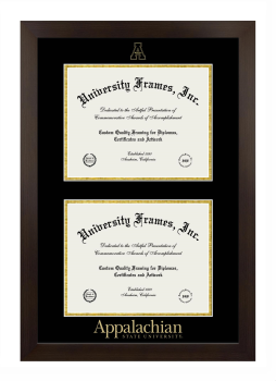 Appalachian State University Double Degree (Stacked) Frame in Manhattan Espresso with Black & Gold Mats for document: 8 1/2"h x 11"w  , document: 8 1/2"h x 11"w  