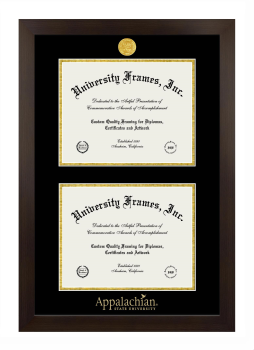 Appalachian State University Double Degree (Stacked) Frame in Manhattan Espresso with Black & Gold Mats for DOCUMENT: 8 1/2"H X 11"W  , DOCUMENT: 8 1/2"H X 11"W  