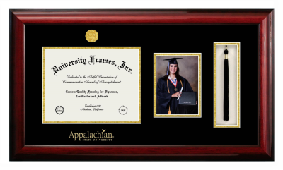 Appalachian State University Diploma with 5 x 7 Portrait & Tassel Box Frame in Classic Mahogany with Black & Gold Mats for DOCUMENT: 8 1/2"H X 11"W  