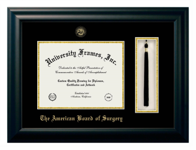 American Board of Surgery Diploma with Tassel Box Frame in Satin Black with Black & Gold Mats for DOCUMENT: 8 1/2"H X 11"W  