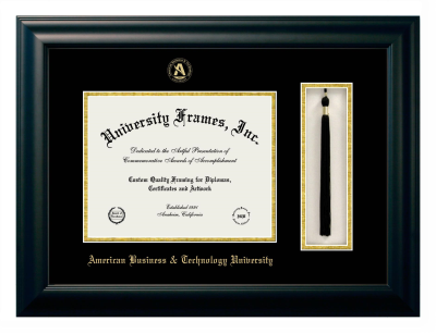 American Business & Technology University Diploma with Tassel Box Frame in Satin Black with Black & Gold Mats for DOCUMENT: 8 1/2"H X 11"W  