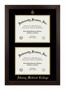Albany Medical College Double Degree (Stacked) Frame in Manhattan Espresso with Black & Gold Mats for DOCUMENT: 8 1/2"H X 11"W  , DOCUMENT: 8 1/2"H X 11"W  