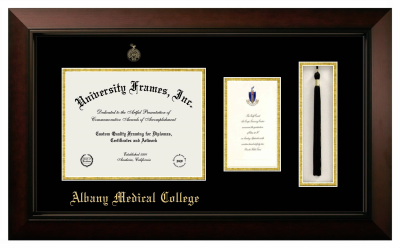 Albany Medical College Diploma with Announcement & Tassel Box Frame in Legacy Black Cherry with Black & Gold Mats for DOCUMENT: 8 1/2"H X 11"W  ,  7"H X 4"W  