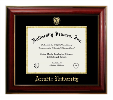 Arcadia University Diploma Frame in Classic Mahogany with Gold Trim with Black & Gold Mats for DOCUMENT: 8 1/2"H X 11"W  