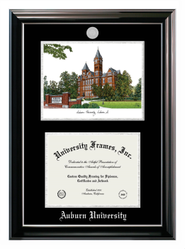Auburn University Double Opening with Campus Image (Stacked) Frame in Classic Ebony with Silver Trim with Black & Silver Mats for DOCUMENT: 8 1/2"H X 11"W  