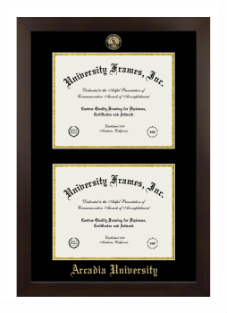 Arcadia University Double Degree (Stacked) Frame in Manhattan Espresso with Black & Gold Mats for DOCUMENT: 8 1/2"H X 11"W  , DOCUMENT: 8 1/2"H X 11"W  