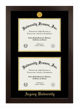 Argosy University Double Degree (Stacked) Frame in Manhattan Espresso with Black & Gold Mats for DOCUMENT: 8 1/2"H X 11"W  , DOCUMENT: 8 1/2"H X 11"W  